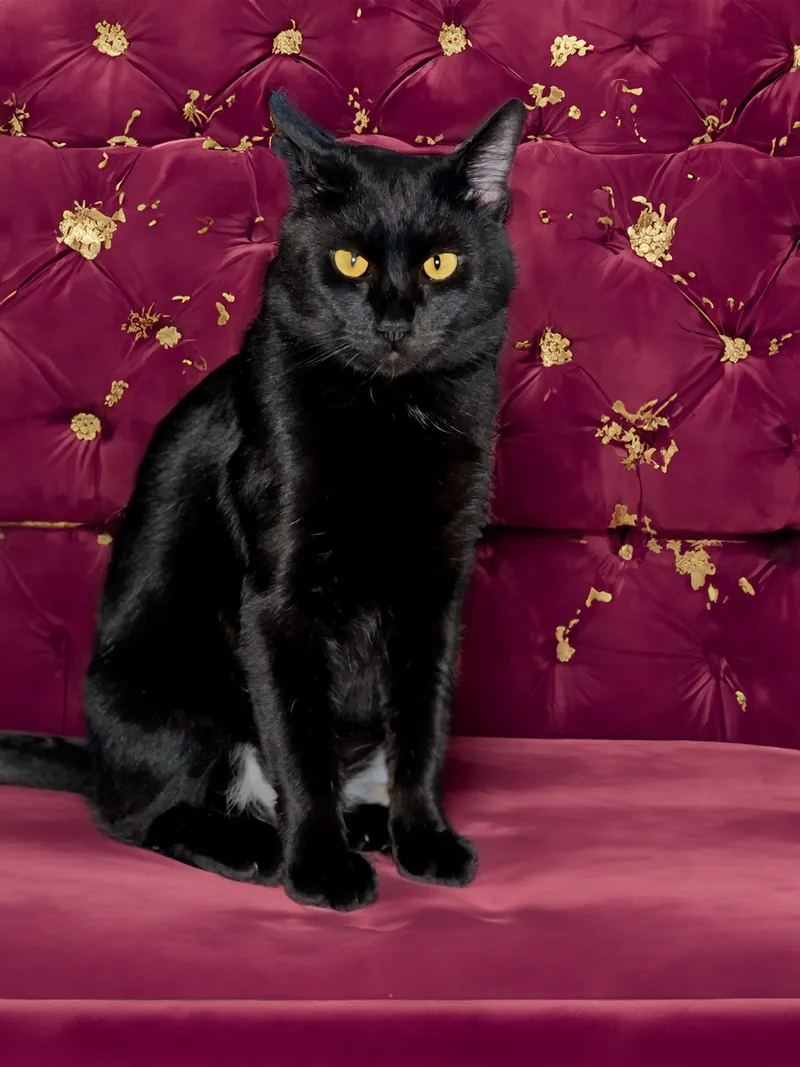A young medium-sized male Black Bombay cat named Augustus for adoption in Benicia, CA