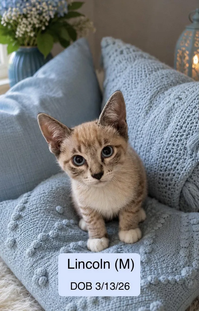 A baby medium-sized male Siamese cat named Lincoln for adoption in Vacaville, CA
