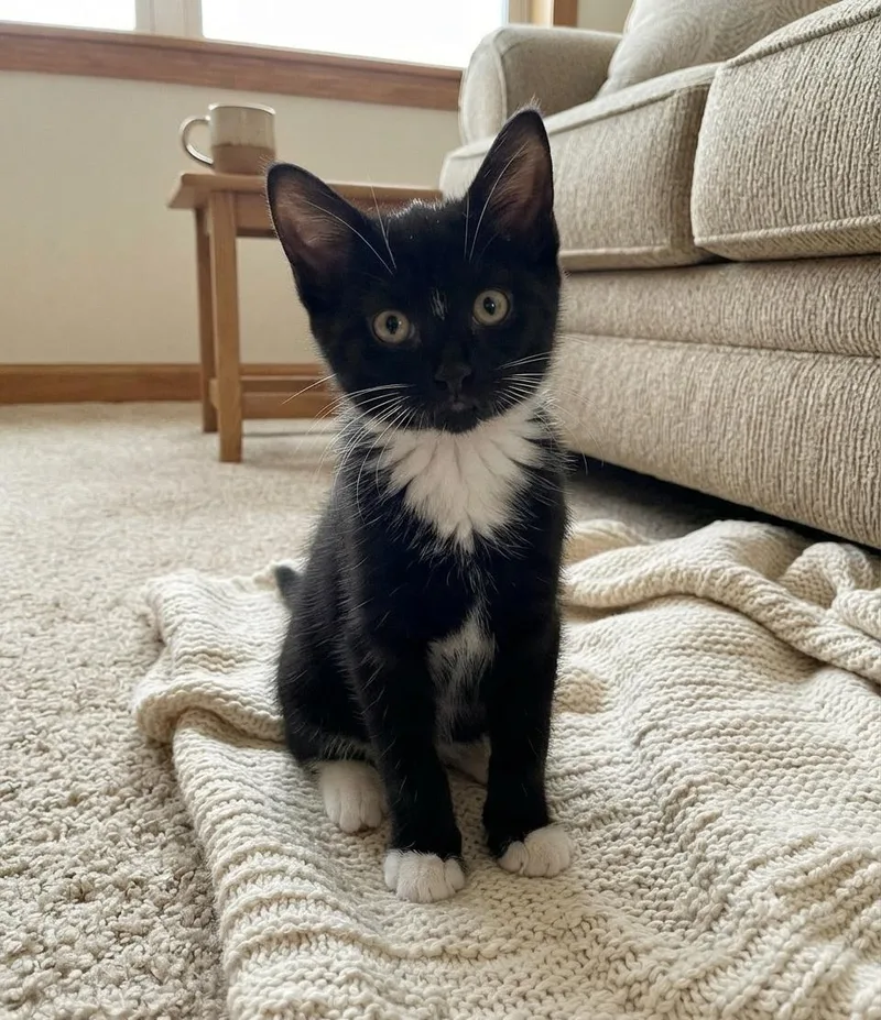 A baby small-sized female Black & White / Tuxedo Domestic Short Hair cat named Mabel for adoption in Johnson City, TN