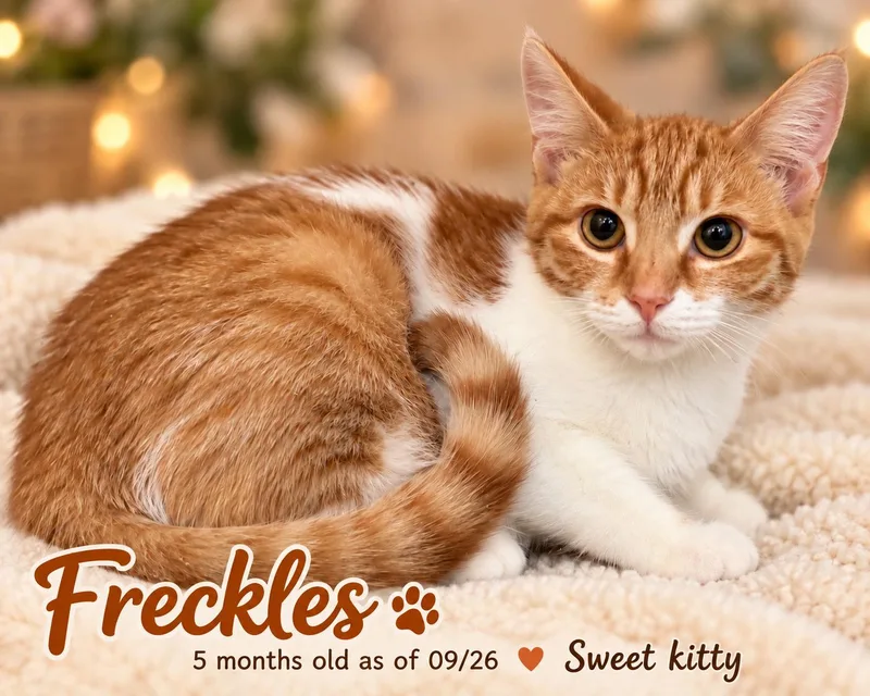 A young medium-sized female Tabby cat named Freckles for adoption in Greenville, DE