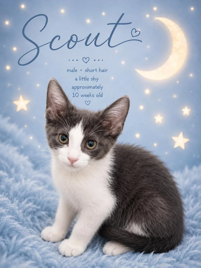 A young medium-sized male Gray & White Domestic Short Hair cat named Scout for adoption in Reno, NV