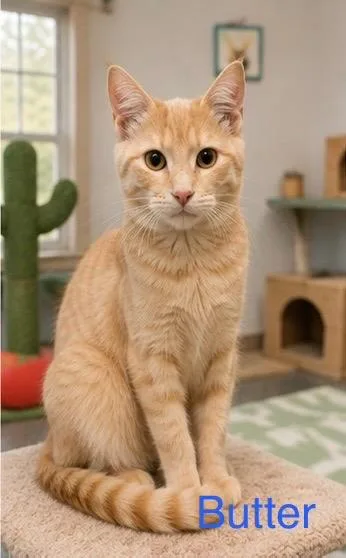 A baby medium-sized male Domestic Short Hair cat named Butter for adoption in Mountain Home, AR