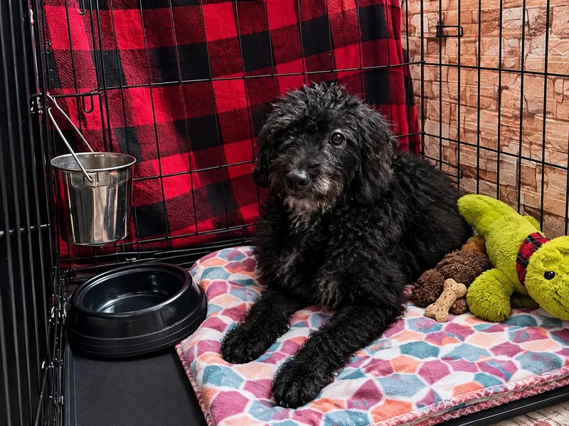 A young medium-sized male Black Schnoodle dog named Drifter for adoption in Carnegie, OK