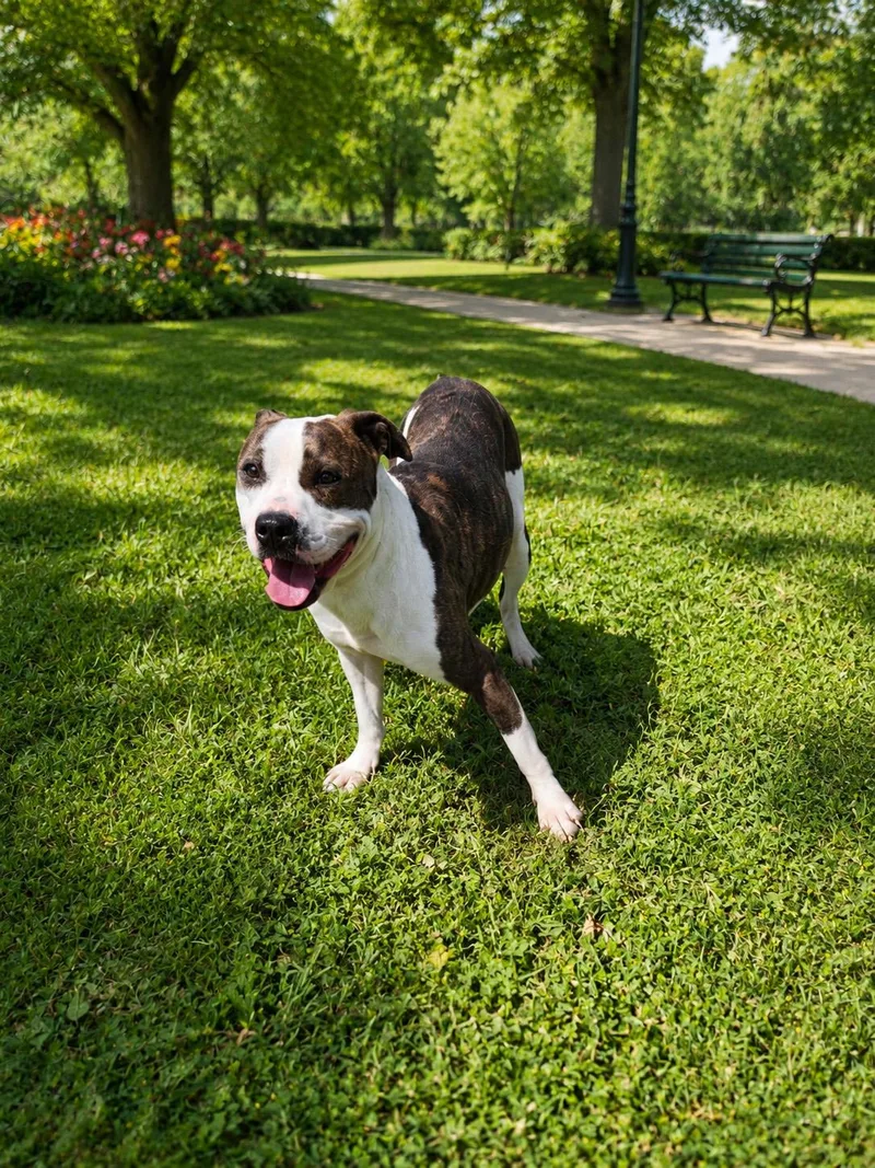 A young medium-sized male Brindle Pit Bull Terrier dog named Winston for adoption in Mesquite, TX