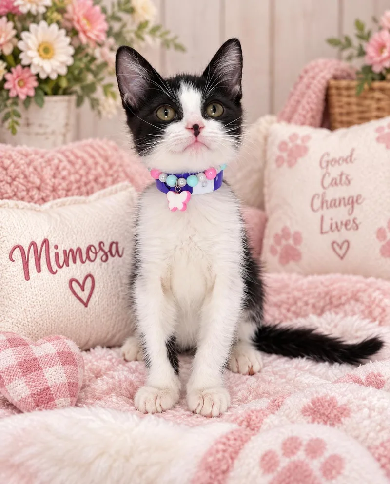 A baby small-sized female Tuxedo cat named Mimosa for adoption in Tavares, FL