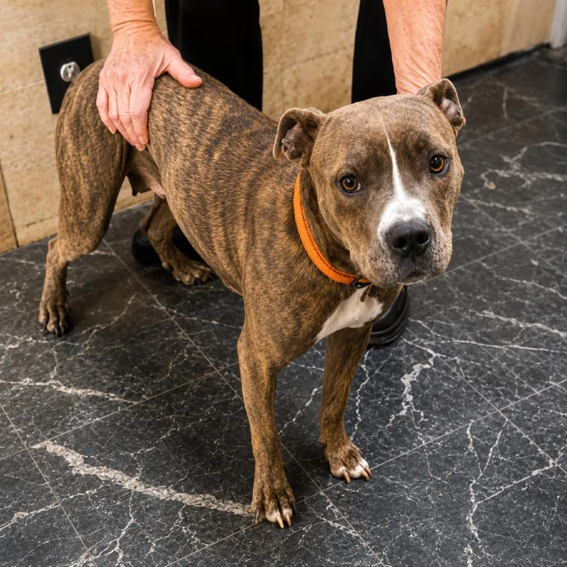 An adult medium-sized female Brindle Pit Bull Terrier dog named Remi Mae for adoption in New Orleans, LA