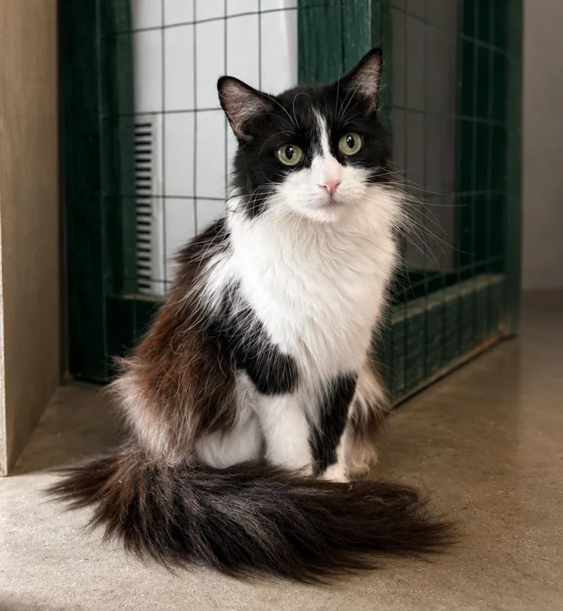 A young medium-sized female Tuxedo cat named Coonie for adoption in Lathrop, CA