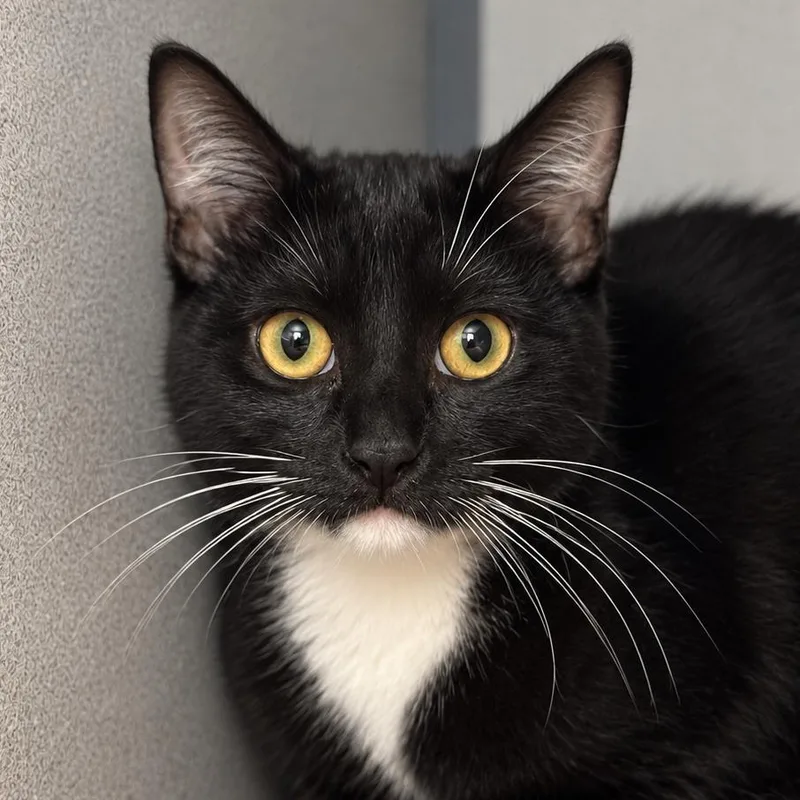 A baby small-sized female Black Domestic Short Hair cat named Pupcup for adoption in Santa Barbara, CA
