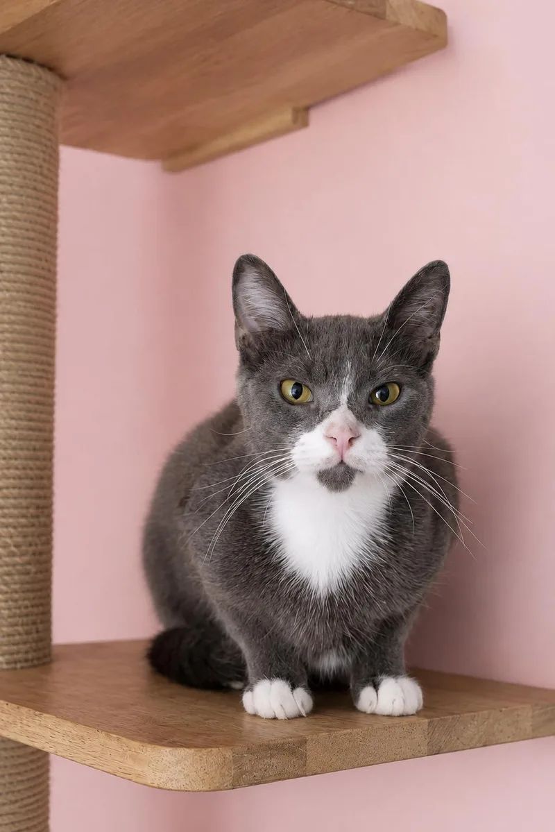 A young medium-sized female Gray & White Tuxedo cat named Chimi for adoption in New York, NY