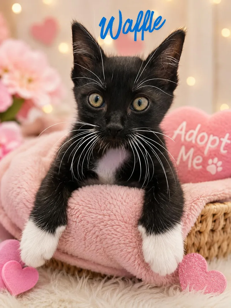 A young medium-sized male Black & White / Tuxedo Domestic Short Hair cat named Waffle for adoption in Orleans, VT