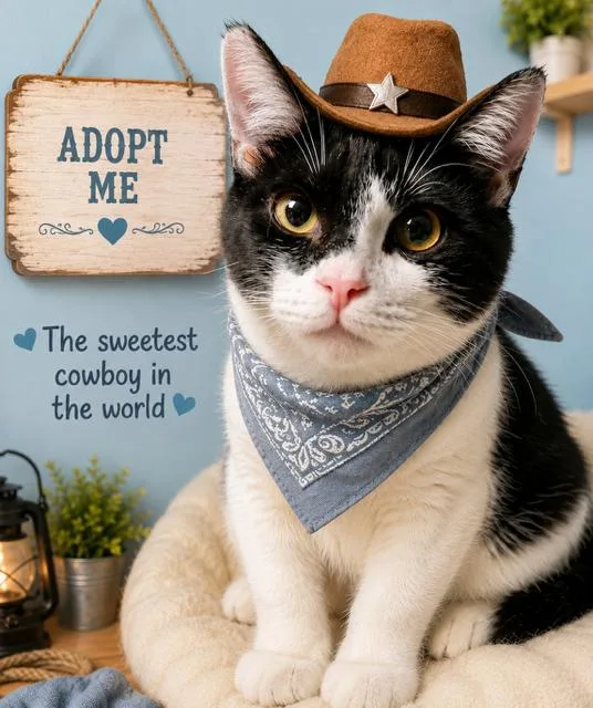 A young medium-sized male Black & White / Tuxedo American Shorthair cat named Cowboy for adoption in Woodland Hills, CA