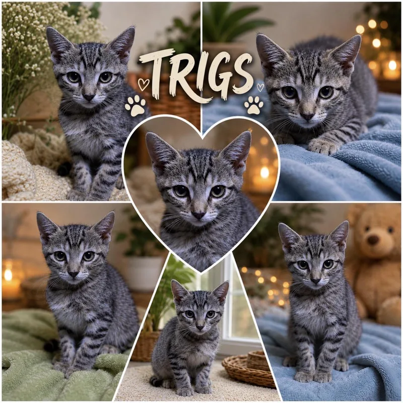 A baby medium-sized male Tabby (Tiger Striped) American Shorthair cat named Trigs for adoption in Grand Prairie, TX