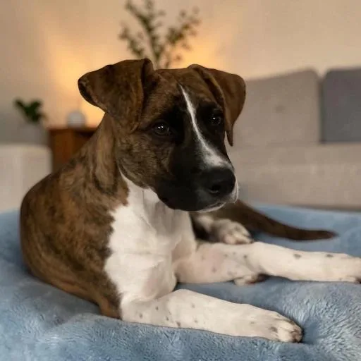 A young medium-sized male Brindle Pit Bull Terrier dog named Phoenix for adoption in Fort Worth, TX
