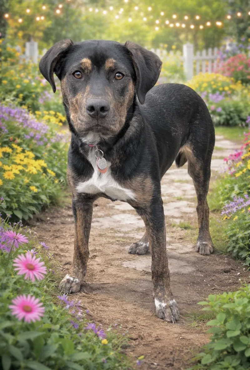 A baby medium-sized female Brindle Hound dog named Maria for adoption in Huntingtown, MD