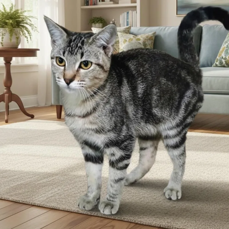 A baby medium-sized female Tabby (Brown / Chocolate) Domestic Short Hair cat named Marina Indoor Only for adoption in Stockton, CA