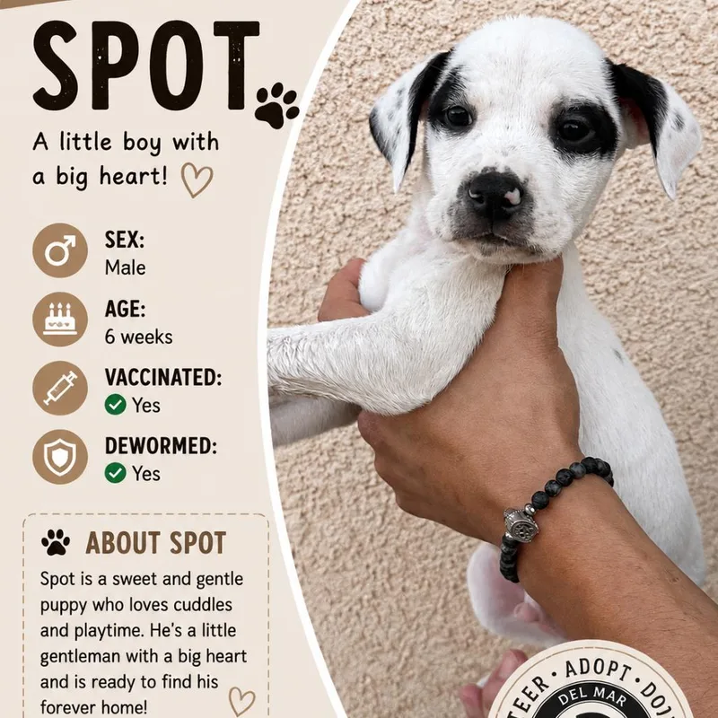 A baby small-sized male White / Cream Mixed Breed dog named Spot for adoption in San Diego, CA