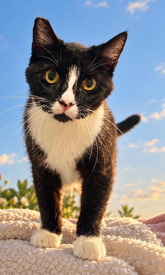 An adult medium-sized female Black & White / Tuxedo Tuxedo cat named Marlene M for adoption in Fresno, CA