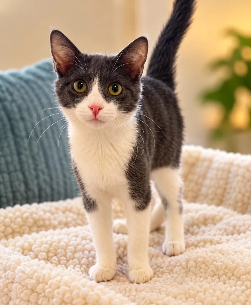 A young medium-sized male Gray & White Domestic Short Hair cat named Nimbus for adoption in Fulton, NY