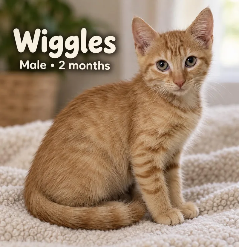 A baby small-sized male Tabby (Orange / Red) Domestic Short Hair cat named Wiggles for adoption in Pawleys Island, SC