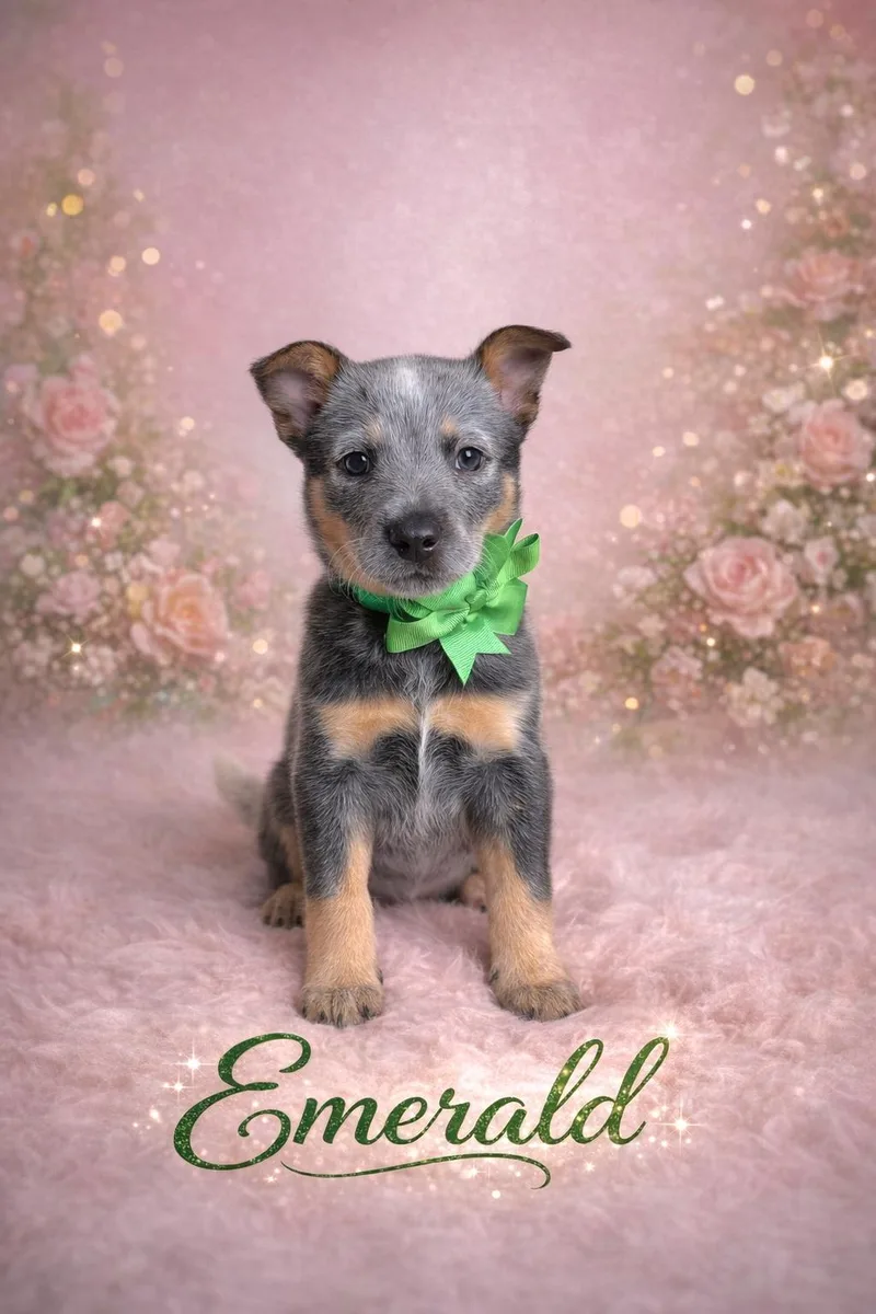 A baby medium-sized female White / Cream Australian Cattle Dog / Blue Heeler dog named Emerald for adoption in Murrieta, CA