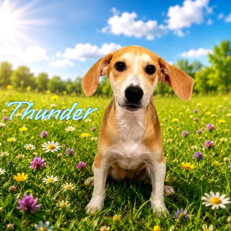 A baby medium-sized male Yellow / Tan / Blond / Fawn Mixed Breed dog named Thunder for adoption in Joliet, IL