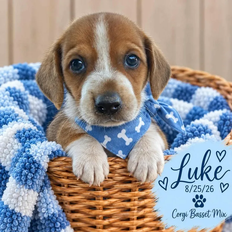 A baby medium-sized male Corgi dog named Luke for adoption in Fort Worth, TX