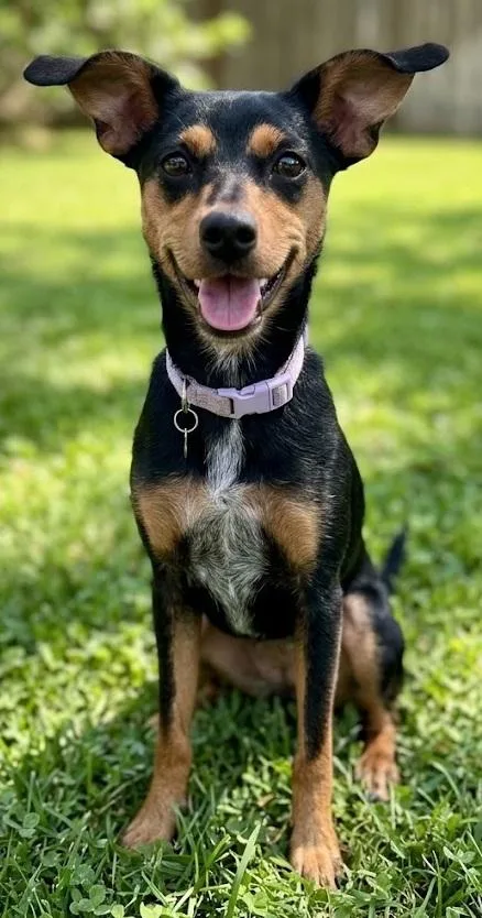 A young small-sized female Manchester Terrier dog named Maisie for adoption in Dallas, TX