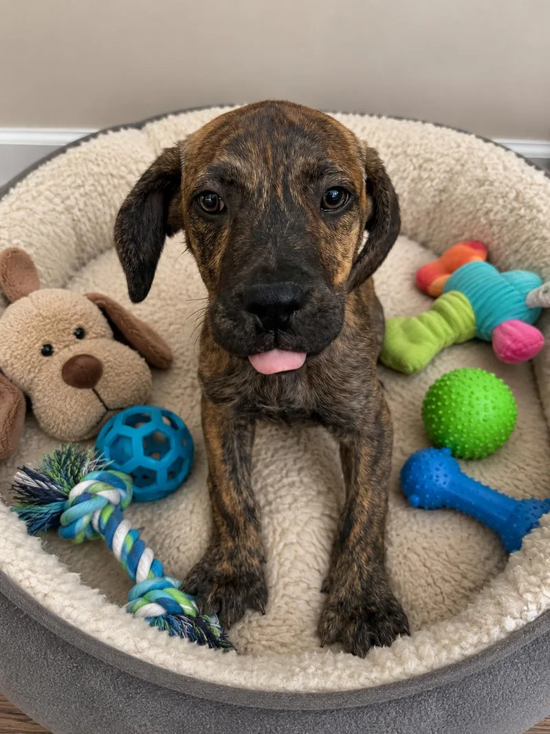A baby medium-sized male Brindle Black Mouth Cur dog named Jinx for adoption in Wanaque, NJ