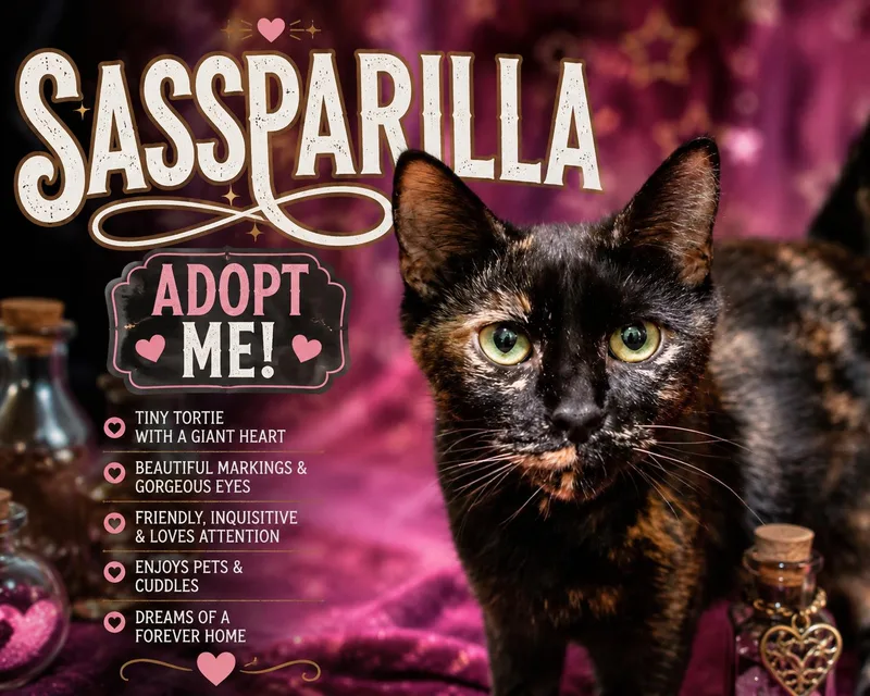 A young medium-sized female Tortoiseshell cat named Sassparilla for adoption in Greenville, DE