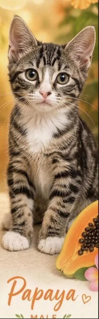 A baby medium-sized male Domestic Short Hair cat named Papaya for adoption in St. Albans, VT