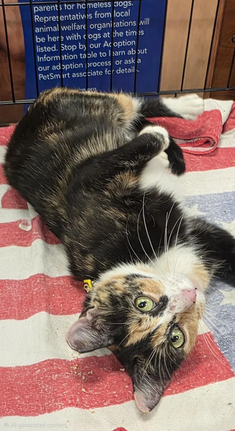 A young small-sized female Calico cat named Ophelia for adoption in North Bergen, NJ