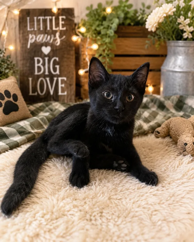 A baby medium-sized female Black Domestic Short Hair cat named Pepperoni Roll for adoption in Dublin, OH