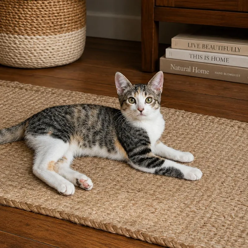 A baby small-sized female Calico Domestic Medium Hair cat named Thumbpurr for adoption in Tustin, CA