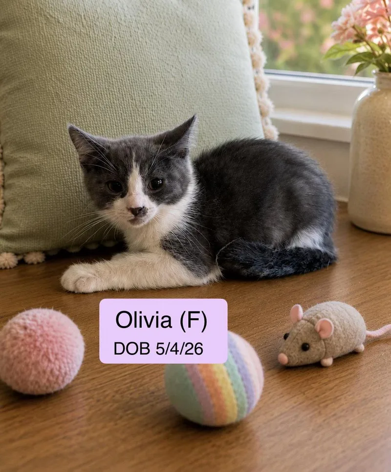 A baby medium-sized female Gray & White Domestic Short Hair cat named Olivia for adoption in Vacaville, CA