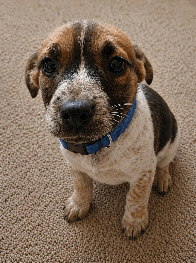 A baby medium-sized male Tricolor (Brown, Black, & White) Hound dog named Tigger for adoption in St. Clair, MO