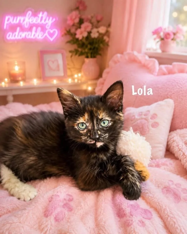 A baby medium-sized female Tortoiseshell cat named Lola for adoption in Dickinson, TX