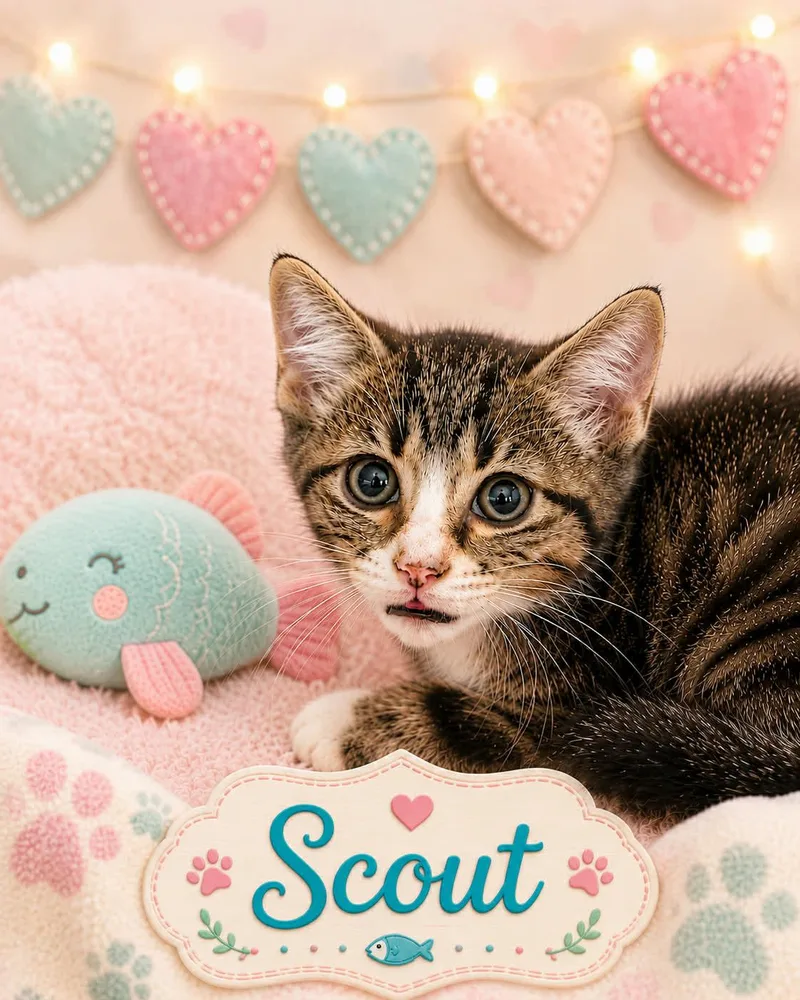 A young medium-sized male Tabby (Gray / Blue / Silver) Domestic Short Hair cat named Scout for adoption in Bowie, TX