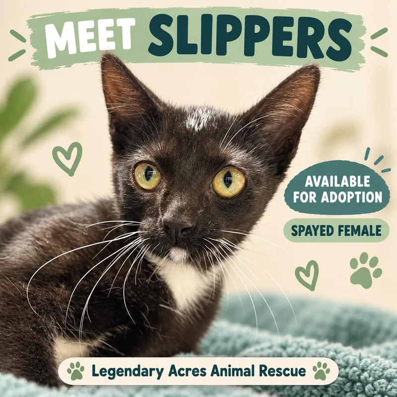 A young medium-sized female Black & White / Tuxedo American Shorthair cat named Slippers for adoption