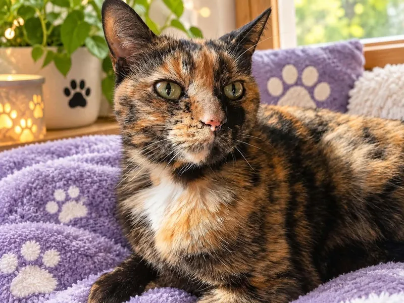A senior medium-sized female Tortoiseshell cat named Fallon for adoption in Greensburg, PA