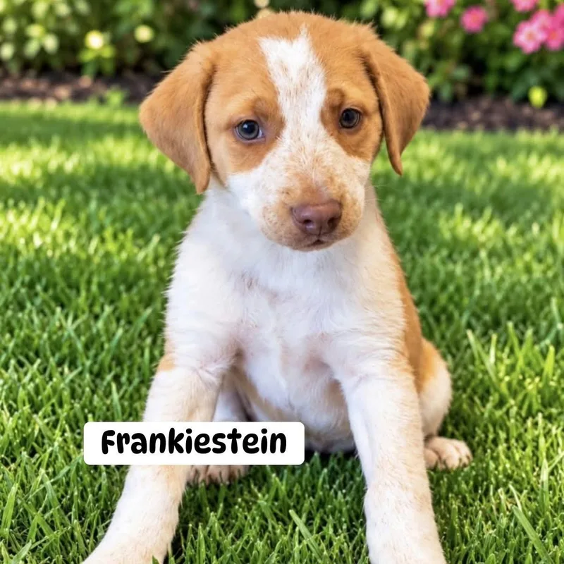 A baby medium-sized female Golden Mixed Breed dog named Frankiestein for adoption in Brewton, AL