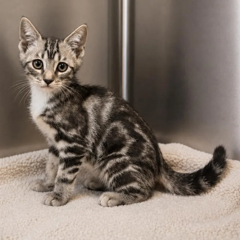 A baby small-sized male Tabby (Gray / Blue / Silver) Domestic Short Hair cat named Funyun for adoption in Lathrop, CA