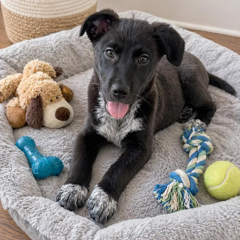 A baby medium-sized male Black Australian Shepherd dog named Bruce  Brave And for adoption in Houston, TX