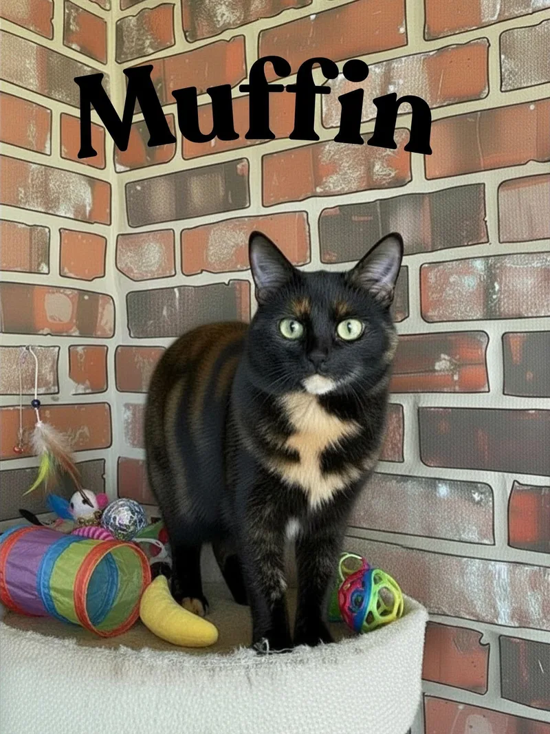 A young medium-sized female Tortoiseshell cat named Muffin for adoption in Keller, TX