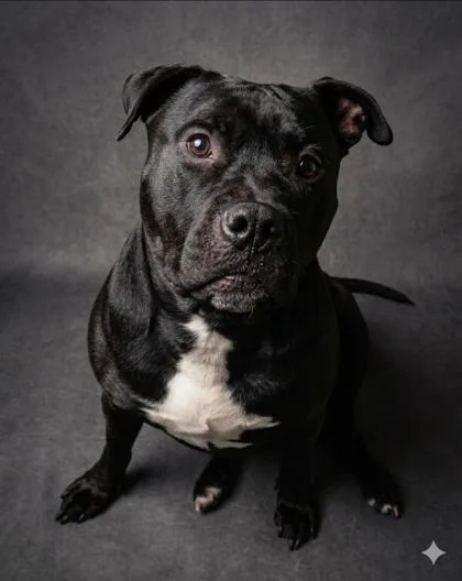 An adult large-sized male Black Pit Bull Terrier dog named Reuben for adoption in Wooster, OH