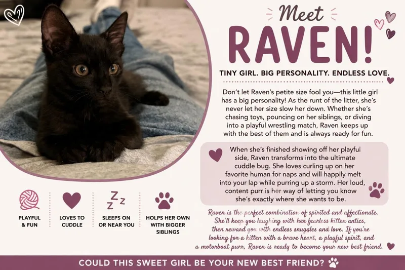 A baby small-sized female Black Domestic Short Hair cat named Raven Madison for adoption in Chandler, AZ