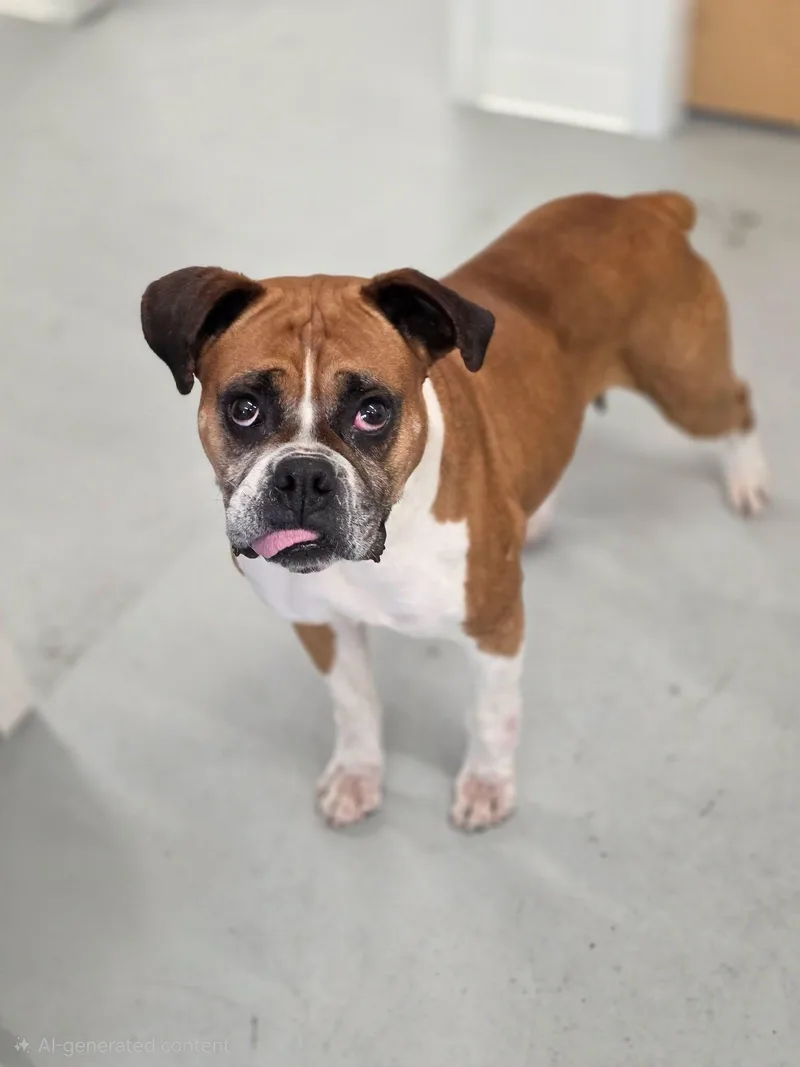 A senior medium-sized female Tricolor (Brown, Black, & White) Boxer dog named Lady for adoption in Shelby, MI