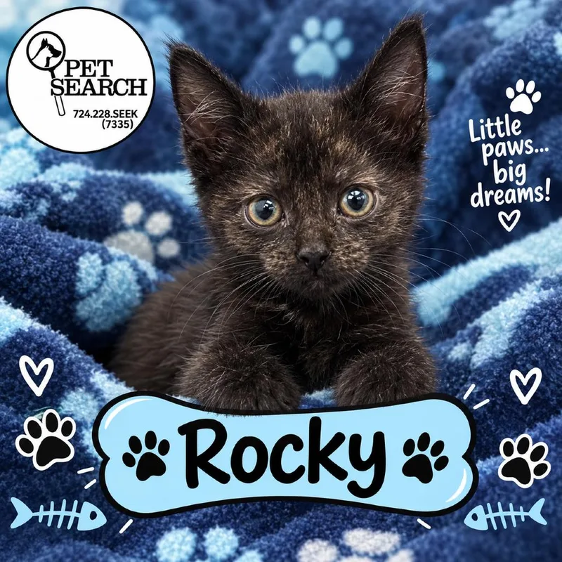 A baby small-sized male Black Domestic Short Hair cat named Rocky for adoption in Washington, PA