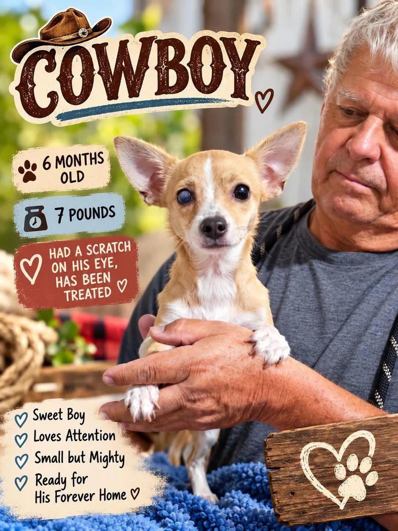 A baby small-sized male Chihuahua dog named Cowboy for adoption in Fort Worth, TX