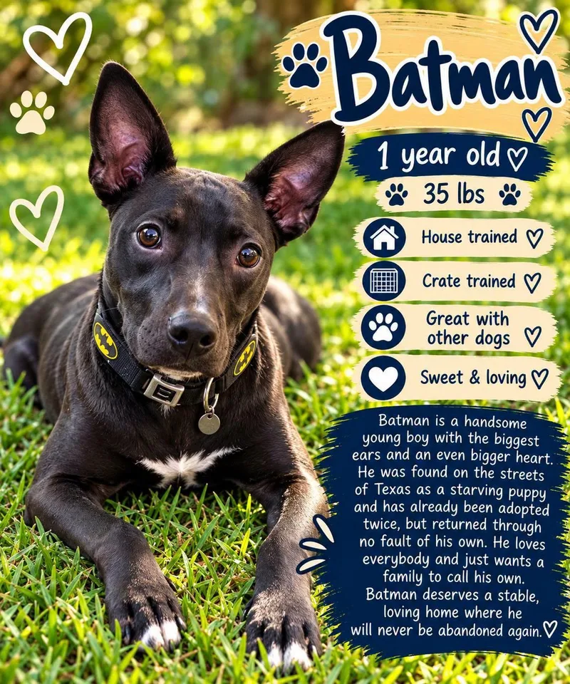 A young medium-sized male Labrador Retriever dog named Batman for adoption in Fort Worth, TX