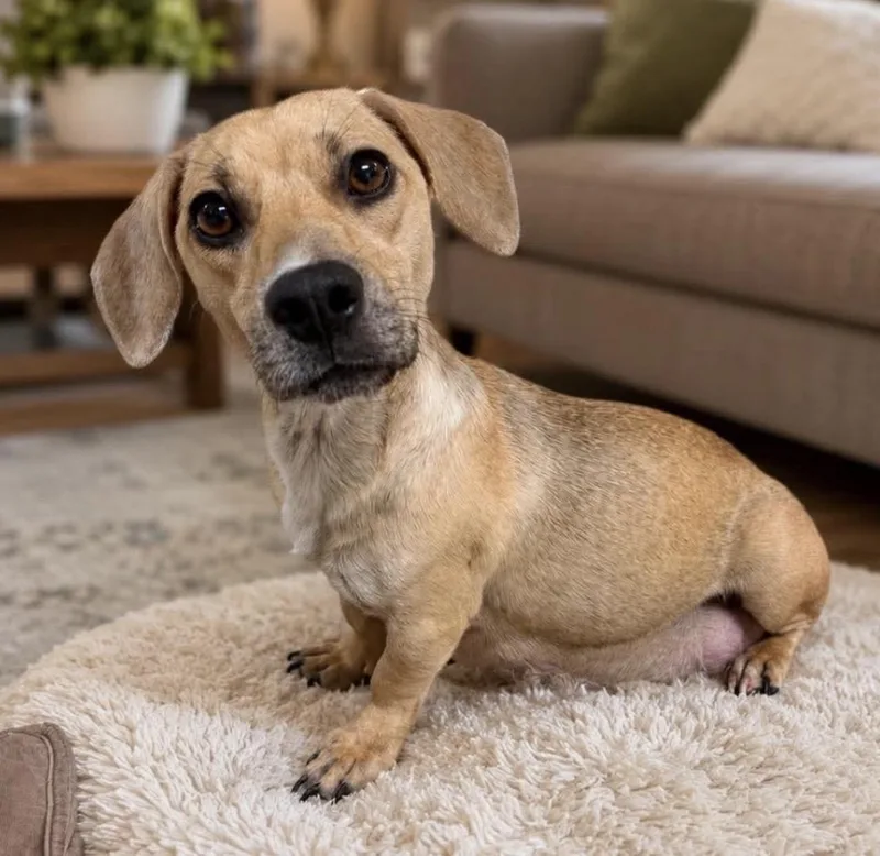 A young small-sized female Yellow / Tan / Blond / Fawn Miniature Dachshund dog named Tattie for adoption in Austin, TX